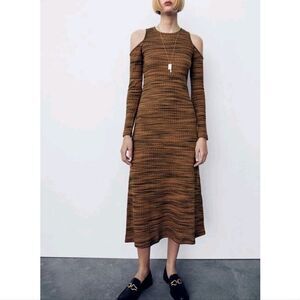 NWT Zara Cut Out Cold Shoulder Midi Ribbed Dress Brown Size S